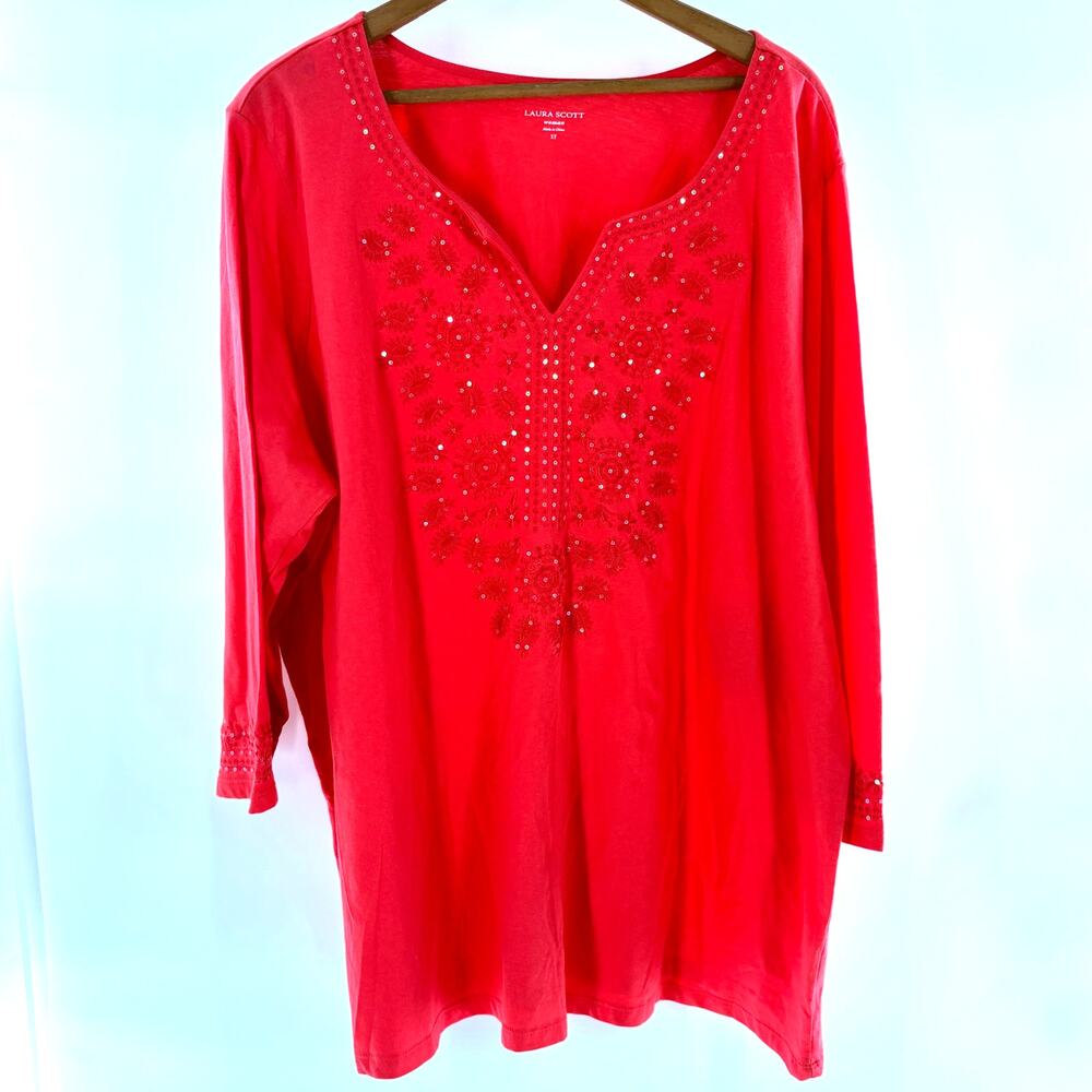 Laura Scott Red Embellished V-Neck Tunic Top
